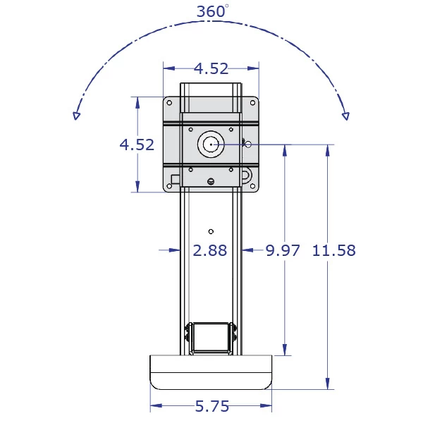 LEVERLIFT-CB wall mounted computer workstation specification drawing monitor mount slider with 100mm VESA front view with measurements