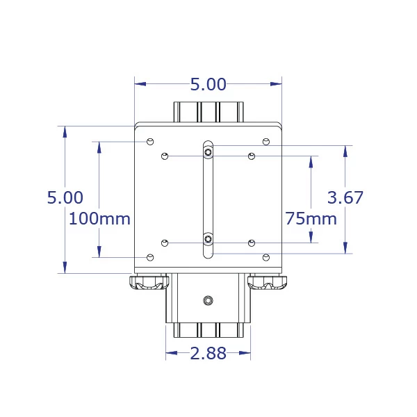 LEVERLIFT-CB sliding monitor and keyboard tray wall mount specification drawing thin client CPU with slotted 75/100mm VESA front view with measurements