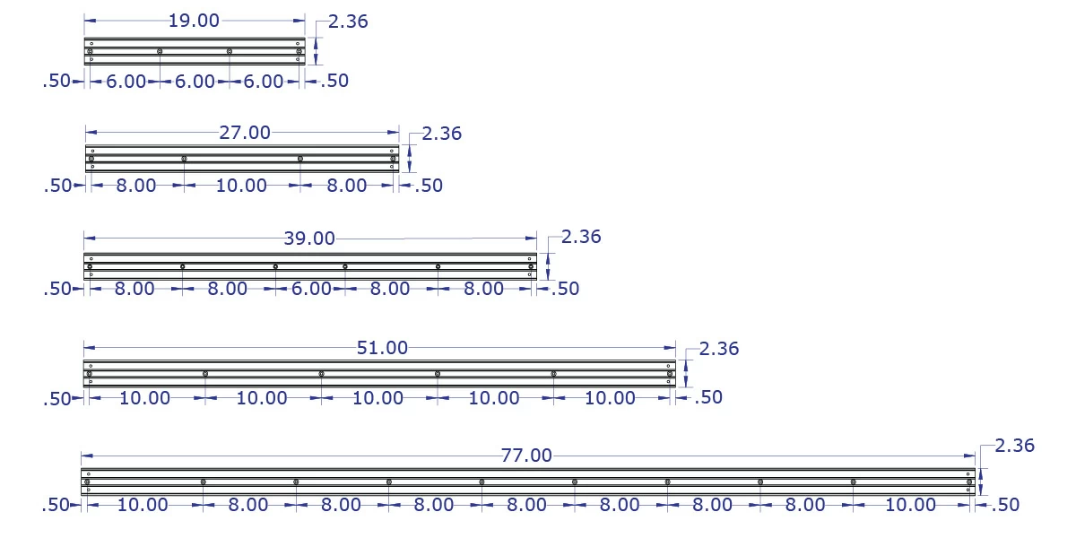 LEVERLIFT-CB wall mounted computer workstation specification drawings showing five track lengths with measurements