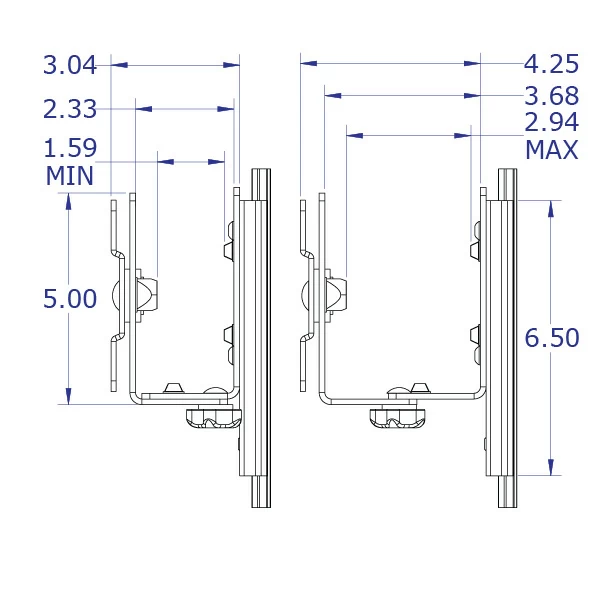 LEVERLIFT-E wall mounted computer workstation specification drawing large thin client CPU holder with sliding VESA side views with measurements