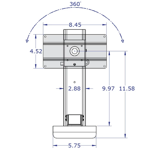 LEVERLIFT-E sliding monitor and keyboard tray wall mount specification drawing monitor mount slider with 100x200mm VESA front view with measurements