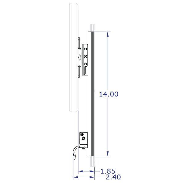 LEVERLIFT-E wall mounted computer workstation specification drawing monitor mount slider side view with measurements