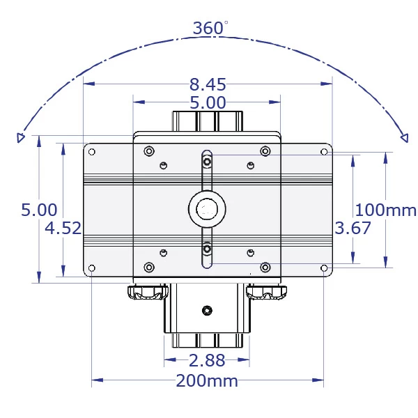 LEVERLIFT-E wall mounted computer workstation specification drawing thin client CPU holder wtih sliding rotating 100x200mm VESA front view with measurements