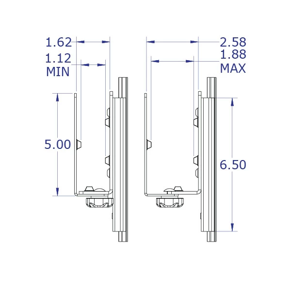 LEVERLIFT-E sliding monitor and keyboard tray wall mount specification drawing thin client cpu holder side views with measurements