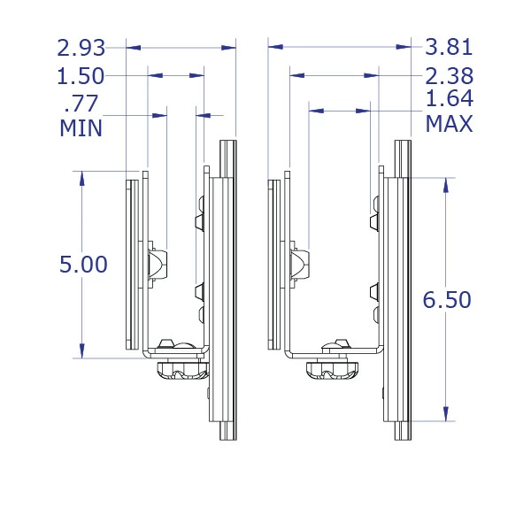 LEVERLIFT-E wall mounted computer workstation specification drawing thin client CPU holder wtih sliding rotating VESA side views with measurements