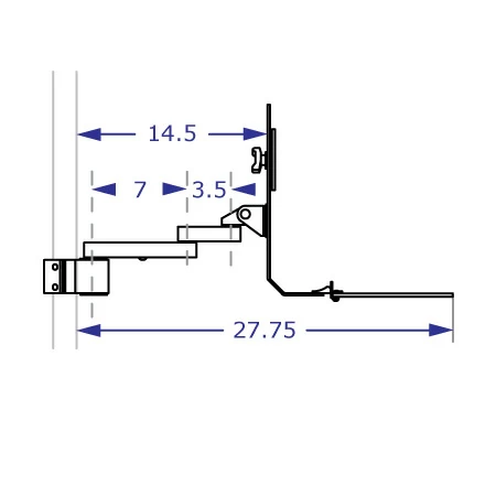 PM40-BB103 monitor and keyboard pole mount specification drawing top view with measurements