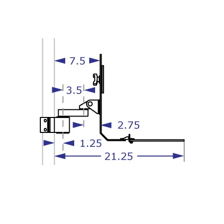 PM40-BB103 monitor and keyboard pole mount specification drawing side view extended with 3.5-inch extension with measurements