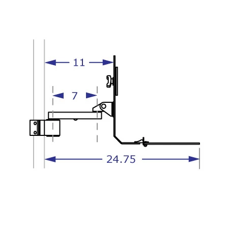 PM40-BB103 monitor and keyboard pole mount specification drawing side view extended with 7-inch extension with measurements
