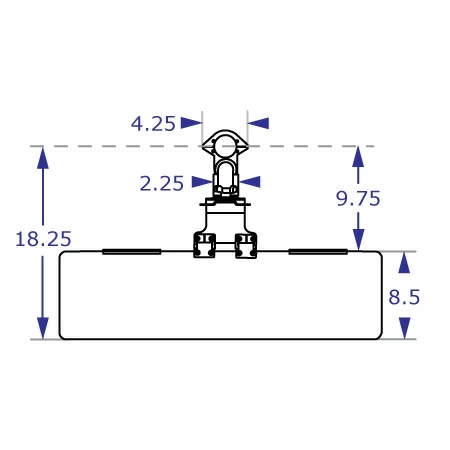 PM40-BB103 monitor and keyboard pole mount specification drawing top view with measurements