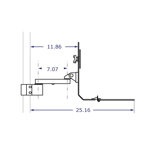 PM40-BB103 monitor and keyboard pole mount specification drawing side view extended with 7-inch extension with measurements