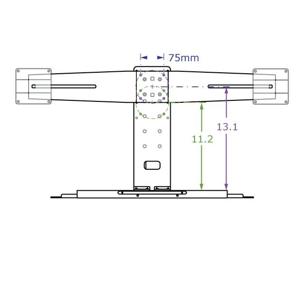 TRP2718D specification drawing showing monitor bracket mounting locations
