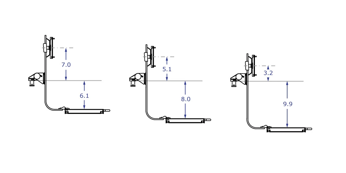 TRP2718D Specification drawing illustrating measurements for different backbar mount locations