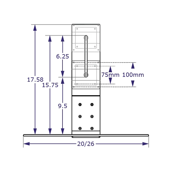 TRS-WM8325 monitor and keyboard wall mount specification drawing front view showing multiple VESA plate placement with measurements