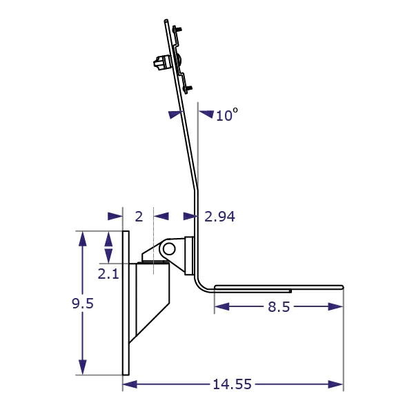 TRS-WM8325 monitor and keyboard wall mount specification drawing side view with measurements