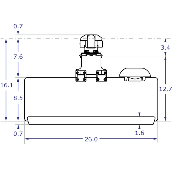 TRS2018 specification drawing of keyboard monitor arm top view with 26-inch keyboard tray