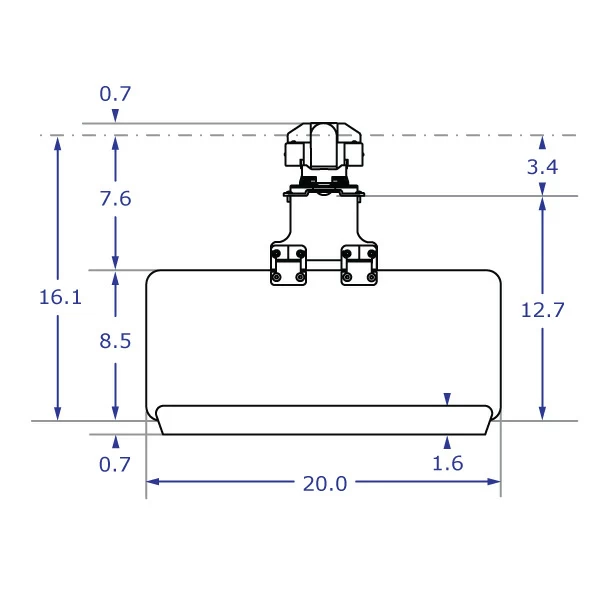TRS2415 specification drawing of keyboard monitor arm top view with 20-inch keyboard tray