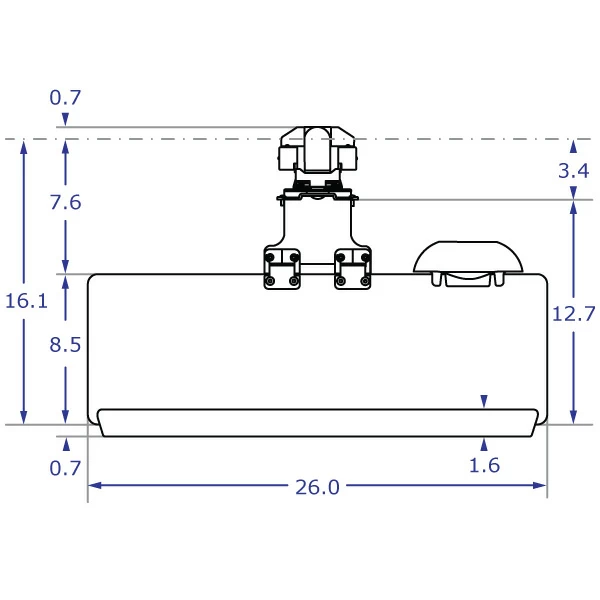 TRS2415 specification drawing of keyboard monitor arm top view with 26-inch keyboard tray