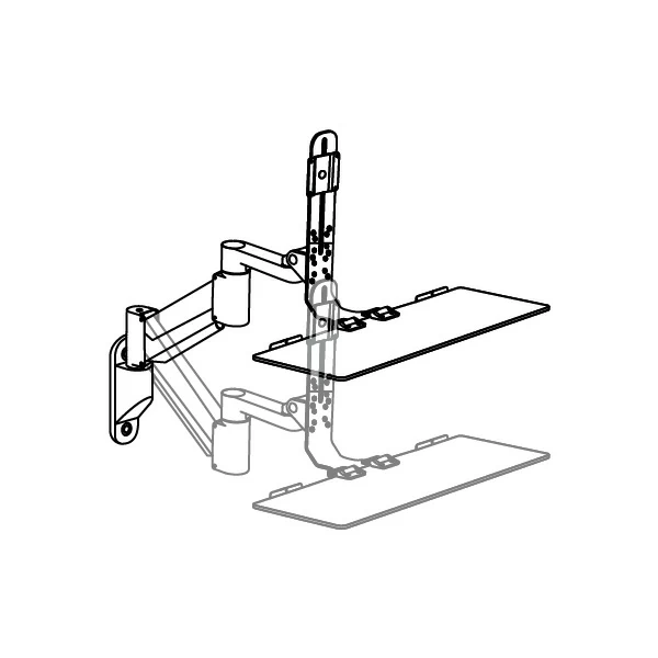 TRS2415 Specification drawing of HD keyboard monitor arm on wall extending in high and low positions.