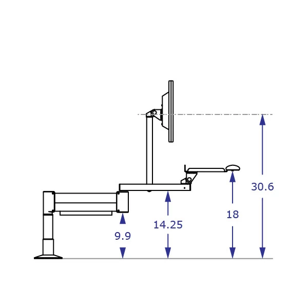 TRS2818D Specification drawing of long reach keyboard monitor arm side view in middle position with 5 inch vertical extension