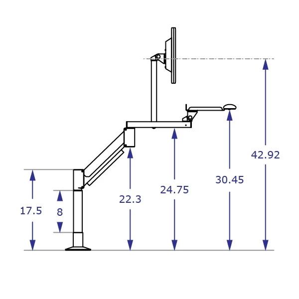 TRS2818D Specification drawing of long reach keyboard monitor arm side view in high position with 8 inch vertical extension