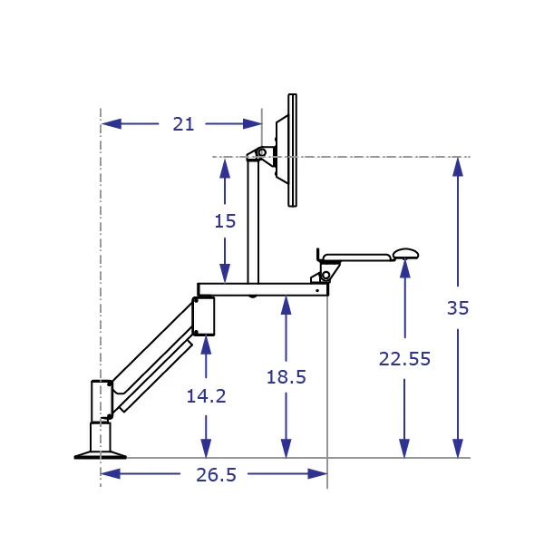 TRS2818D Specification drawing of long reach keyboard monitor arm side view in high position on through desk mount