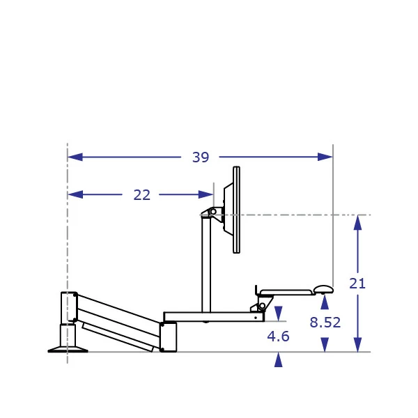 TRS2818D Specification drawing of long reach keyboard monitor arm side view in low position on through desk mount