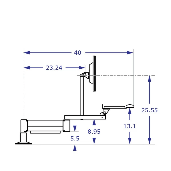 TRS2818D Specification drawing of long reach keyboard monitor arm side view in middle position on through desk mount