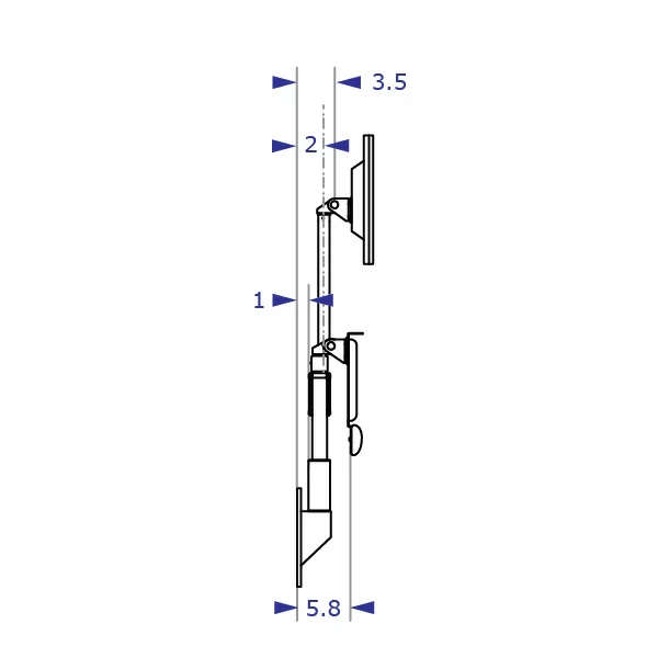 TRS2818D Specification drawing of long reach keyboard monitor arm wall mounted with tray folded down