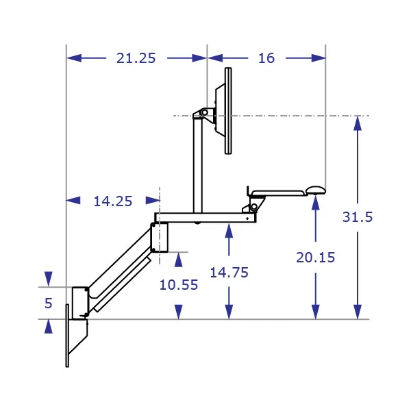 TRS2818D Specification drawing of long reach keyboard monitor arm wall mounted in high position