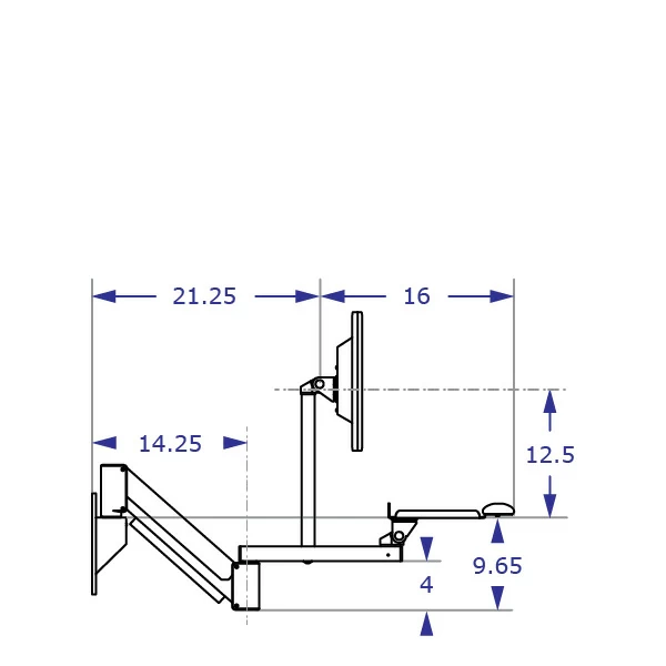 TRS2818D Specification drawing of long reach keyboard monitor arm wall mounted in low position