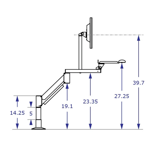 TRS2818S Specification drawing of long reach keyboard monitor arm side view in high position with 5 inch vertical extension