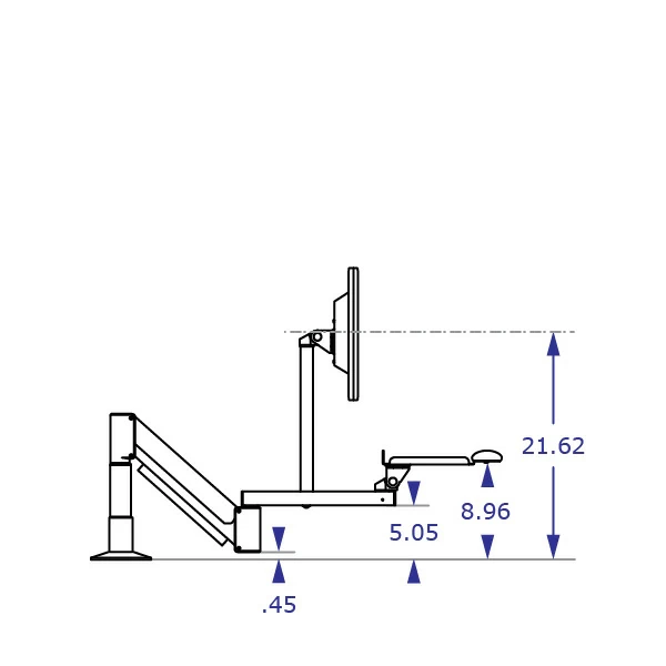 TRS2818S Specification drawing of long reach keyboard monitor arm side view in low position with 5 inch vertical extension