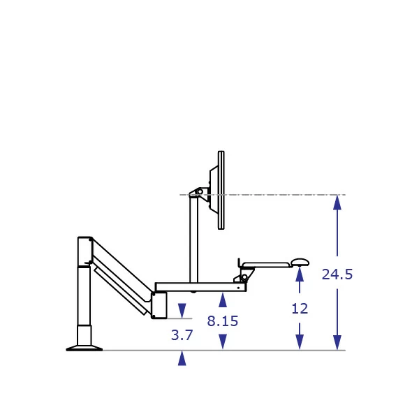TRS2818S Specification drawing of long reach keyboard monitor arm side view in low position with 8 inch vertical extension