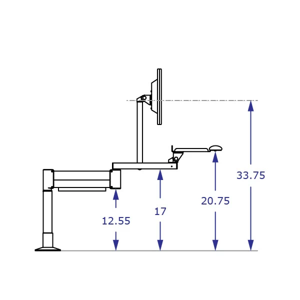 TRS2818S Specification drawing of long reach keyboard monitor arm side view in middle position with 8 inch vertical extension
