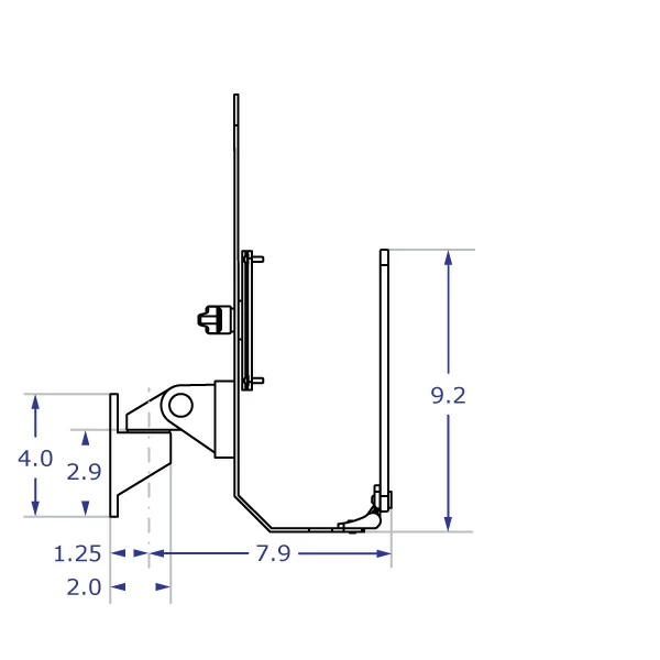 TRS91 Specification drawing of wall mounted monitor keyboard bracket from side view with tray folded up