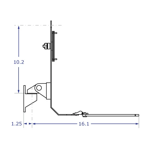 TRS91 Specification drawing of wall mounted monitor keyboard bracket from side view with tray open
