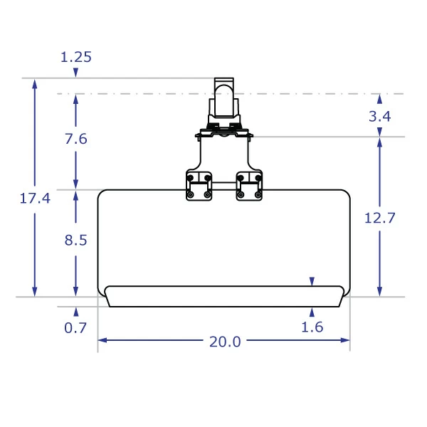 TRS91 specification drawing of keyboard monitor wall mount top view with 20-inch keyboard tray