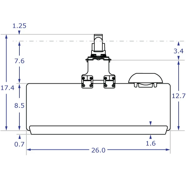 TRS91 specification drawing of keyboard monitor wall mount top view with 26-inch keyboard tray