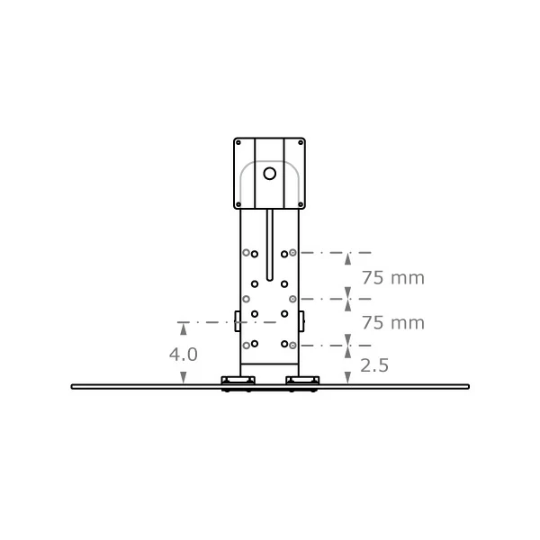 TRS91HD specification drawing showing 75mm attachment mounting positions