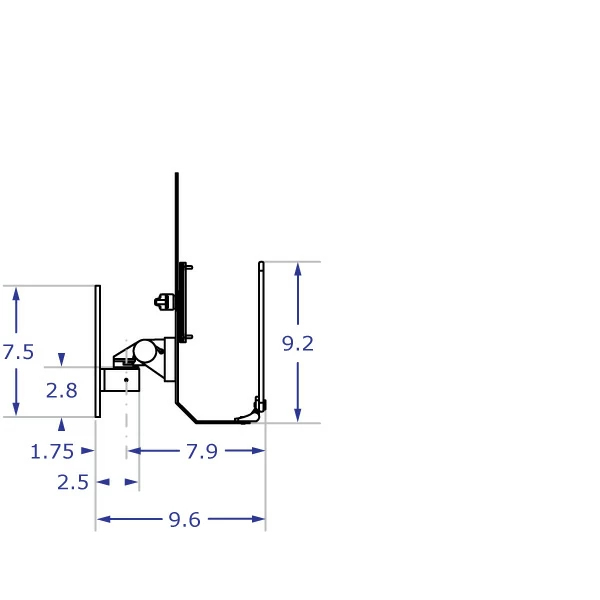 TRS91HD Specification drawing of wall mounted monitor keyboard bracket from side view with tray folded up