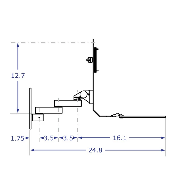 TRS91HD Specification drawing HD monitor keyboard bracket from side view with tray open with two 3 inch extensions