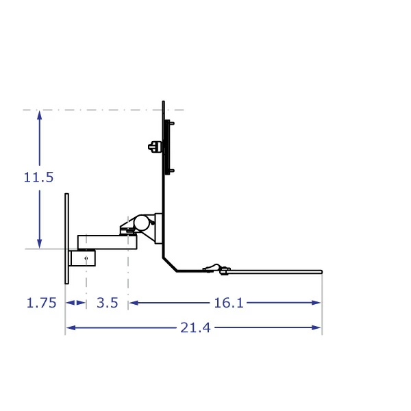 TRS91HD Specification drawing of HD wall mounted monitor keyboard bracket from side view with tray open with a 3 inch extension