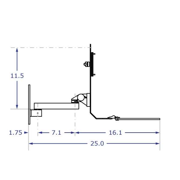 TRS91HD Specification drawing of HD wall mounted monitor keyboard bracket from side view with tray open with a 7 inch extension