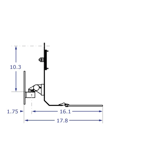 TRS91HD Specification drawing of wall mounted monitor keyboard bracket from side view with tray open