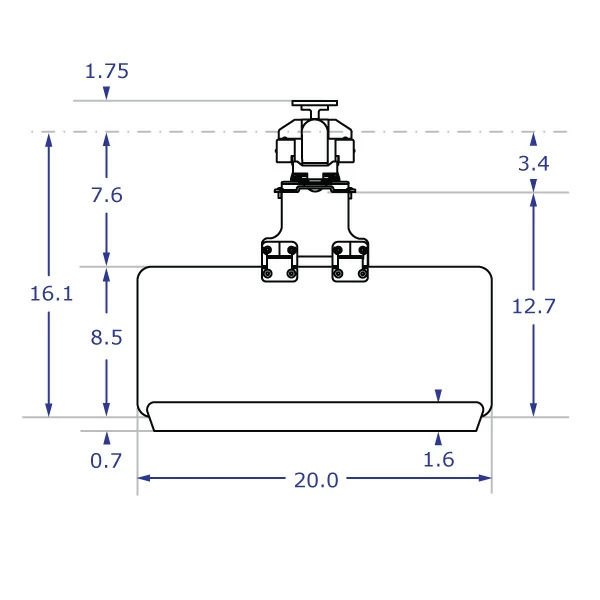 TRS91HD specification drawing of keyboard monitor wall mount top view with 20-inch keyboard tray