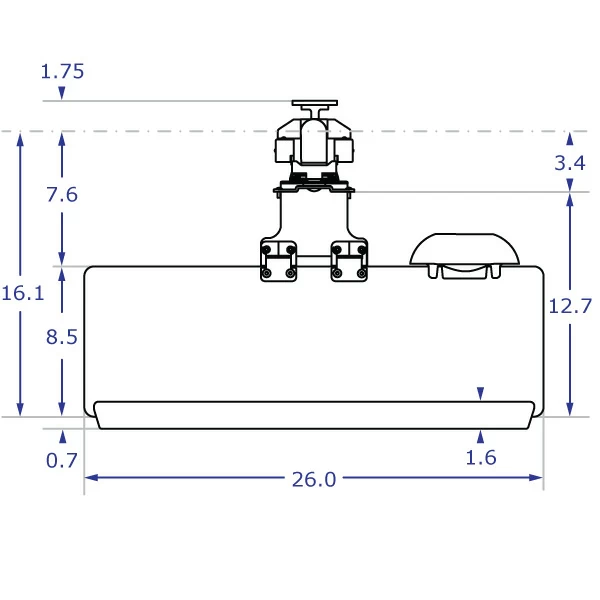 TRS91HD specification drawing of keyboard monitor wall mount top view with 26-inch keyboard tray