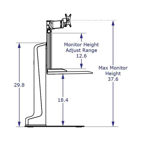 WINSTON-E1 sit-stand workstation with compact worksurface specification drawing side view at highest position with measurements
