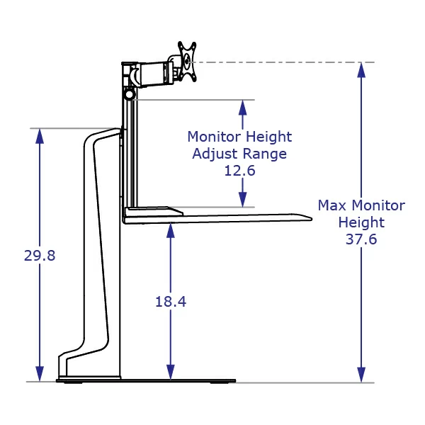 WINSTON-E2 dual sit-stand workstation with standard worksurface specification drawing side view at highest position with measurements