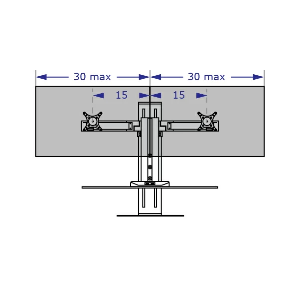 WINSTON-E2 dual sit-stand workstation with standard worksurface specification drawing front view demonstrating monitor size restriction when ina flat configuration