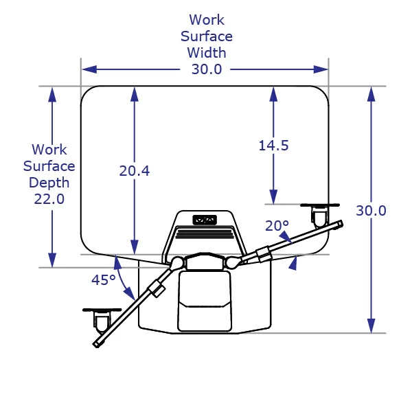 WINSTON-E2 dual sit-stand workstation with standard worksurface specification drawing top view with measurements